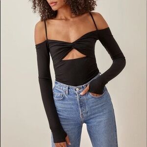 Reformation Adagio Top Black Keyhole Off Shoulder Long Sleeve Straps Ribbed Top